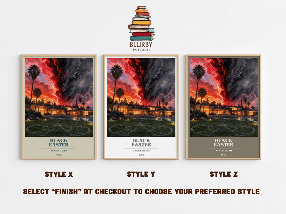 Black Easter book cover print in frame leaning in hallway – horror wall art (mockup)