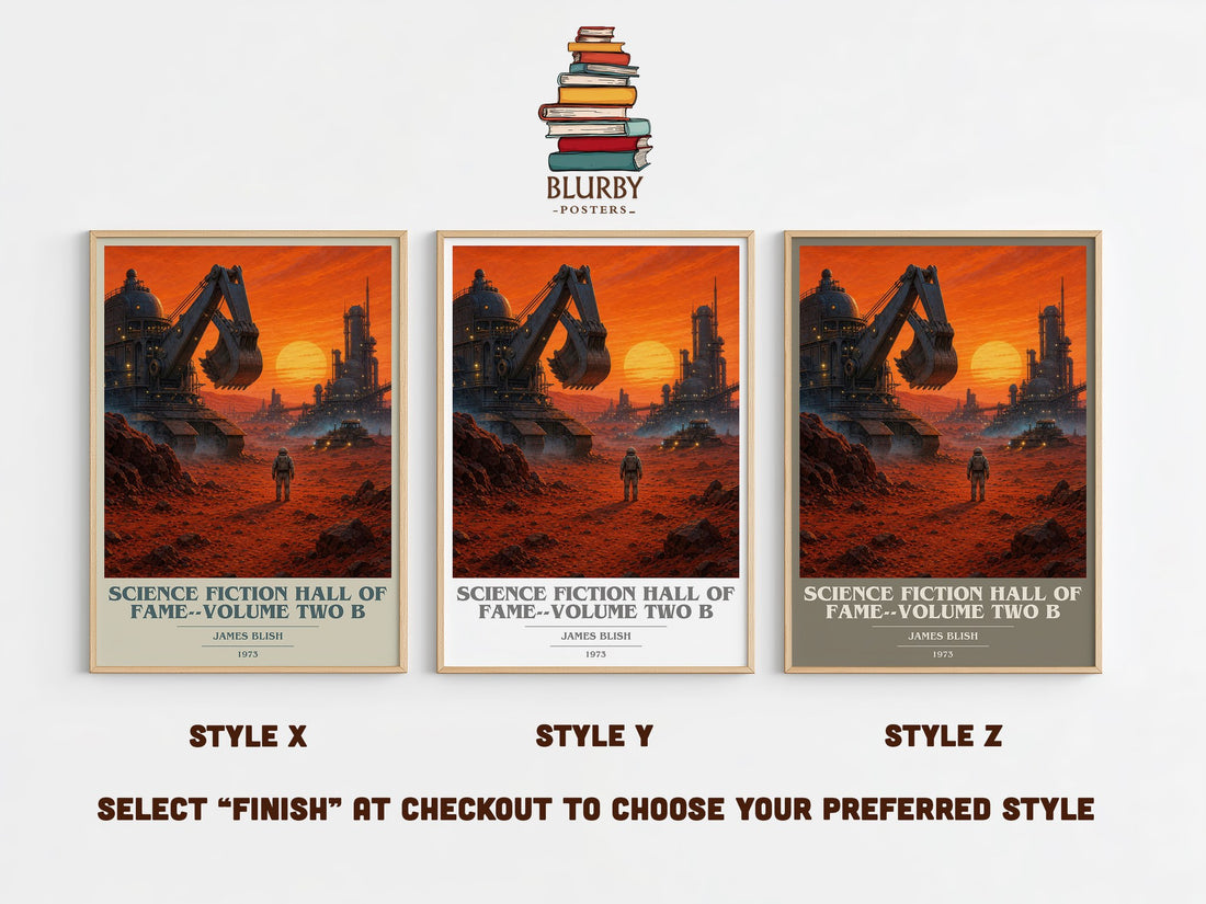 Science Fiction Hall of Fame--Volume Two B book cover print in frame leaning in hallway – sci fi wall art (mockup)
