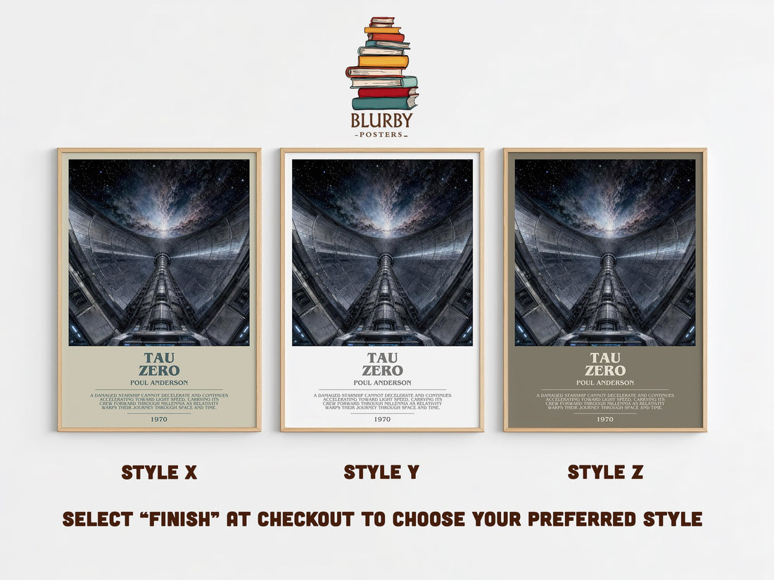 Tau Zero bookish print in frame leaning in hallway – sci fi wall art (mockup)