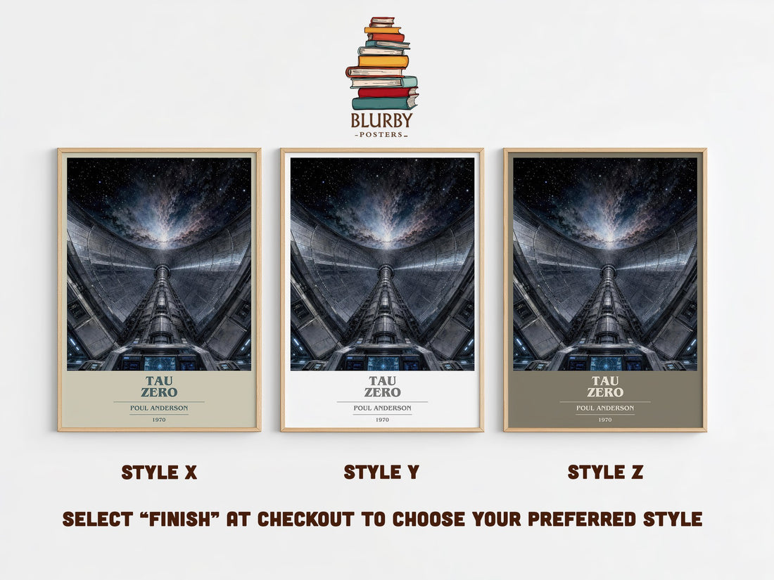 Tau Zero book cover print in frame leaning in hallway – sci fi wall art (mockup)