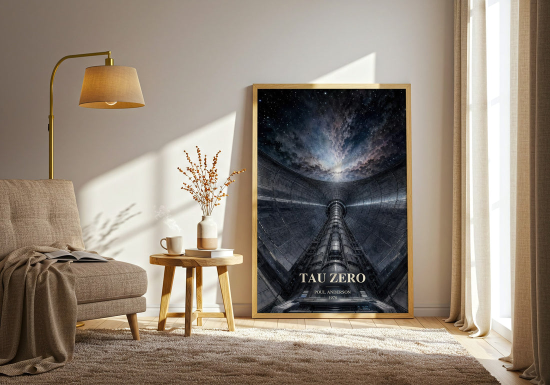 Tau Zero watercolour print in frame leaning in hallway – sci fi wall art