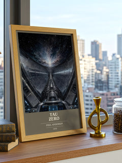 Tau Zero book cover print framed by window – literary home decor