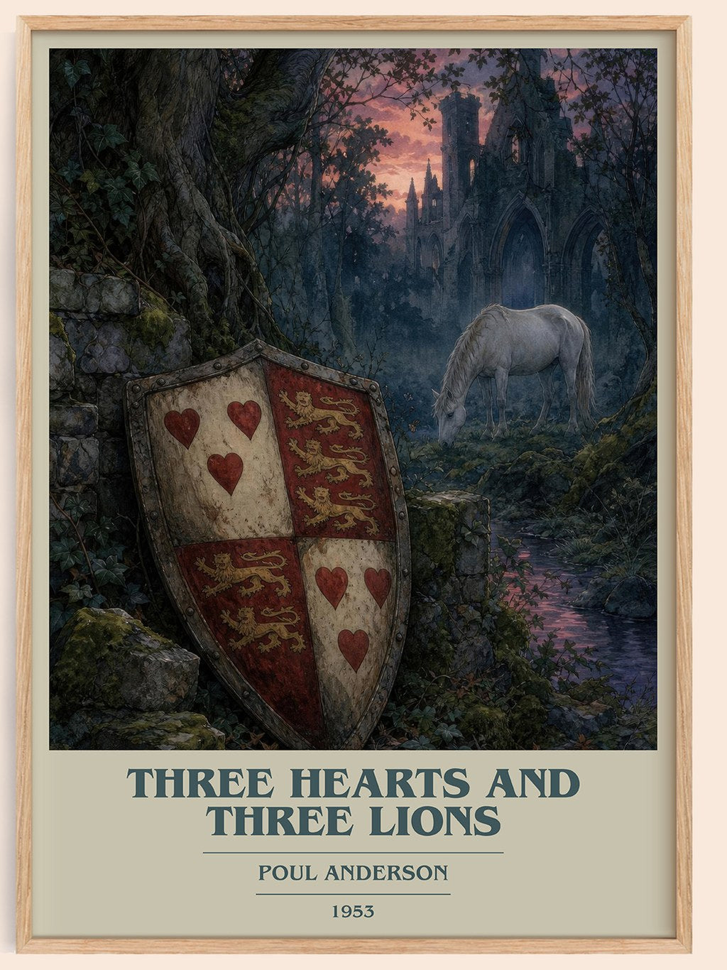 Three Hearts and Three Lions book cover book poster by Poul Anderson – framed literary art print