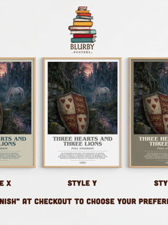 Three Hearts and Three Lions bookish print in frame leaning in hallway – fantasy wall art