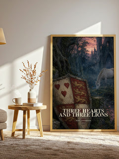 Three Hearts and Three Lions watercolour print in frame leaning in hallway – fantasy wall art