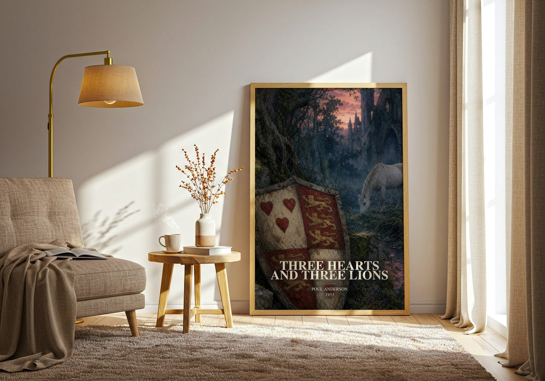 Three Hearts and Three Lions watercolour print in frame leaning in hallway – fantasy wall art