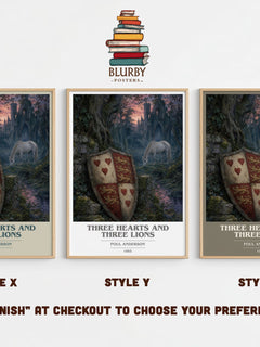 Three Hearts and Three Lions book cover print in frame leaning in hallway – fantasy wall art
