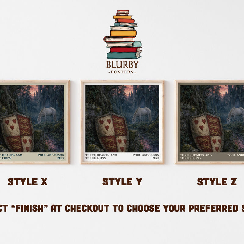 Three Hearts and Three Lions literary print in frame leaning in hallway – fantasy wall art