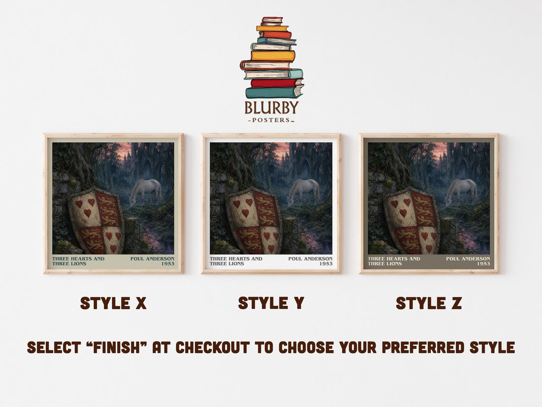 Three Hearts and Three Lions literary print in frame leaning in hallway – fantasy wall art (mockup)
