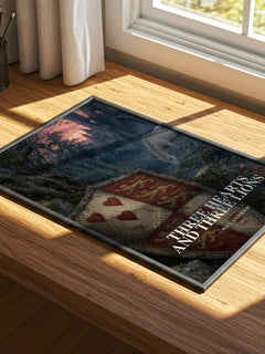 Three Hearts and Three Lions watercolour book poster framed on wall – fantasy wall art