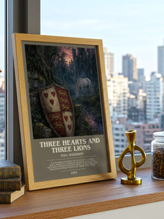 Three Hearts and Three Lions bookish print framed by window – literary home decor