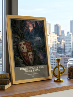 Three Hearts and Three Lions book cover print framed by window – literary home decor