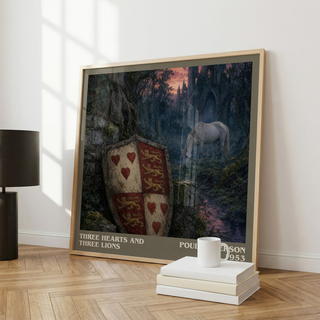 Three Hearts and Three Lions literary print framed by window – literary home decor