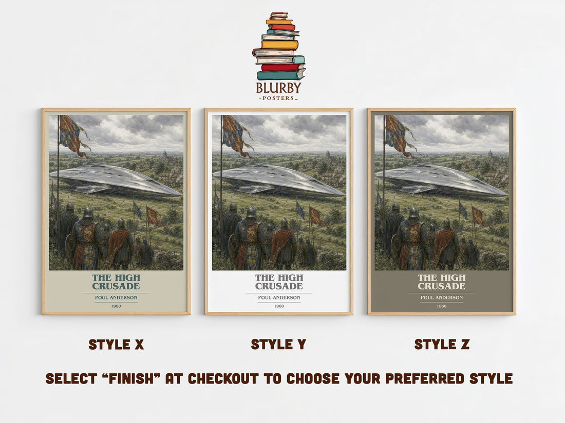 The High Crusade book cover print in frame leaning in hallway – sci fi wall art (mockup)