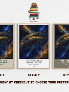 The boat of a million years book cover print in frame leaning in hallway – sci fi wall art