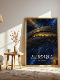 The boat of a million years watercolour print in frame leaning in hallway – sci fi wall art