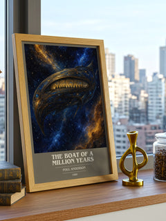 The boat of a million years book cover print framed by window – literary home decor