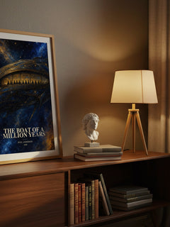The boat of a million years watercolour print on bookshelf – Poul Anderson fan gift