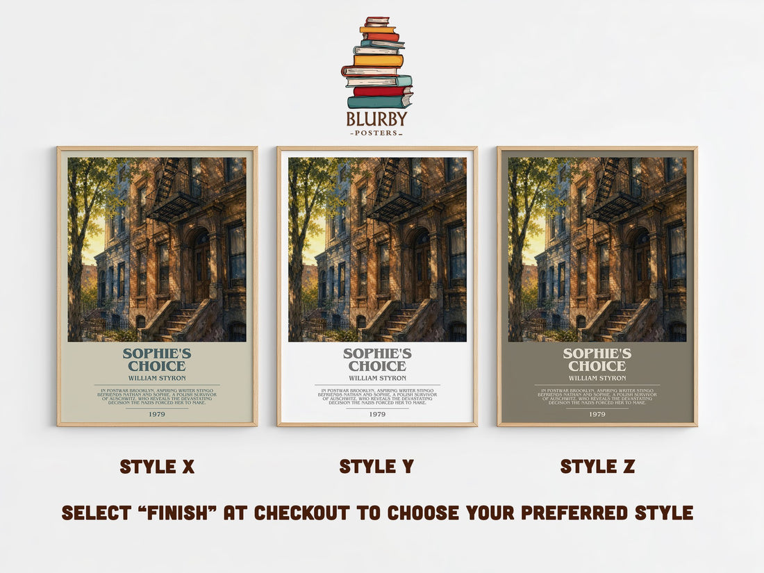 Sophie's Choice bookish print in frame leaning in hallway – literary fiction wall art (mockup)