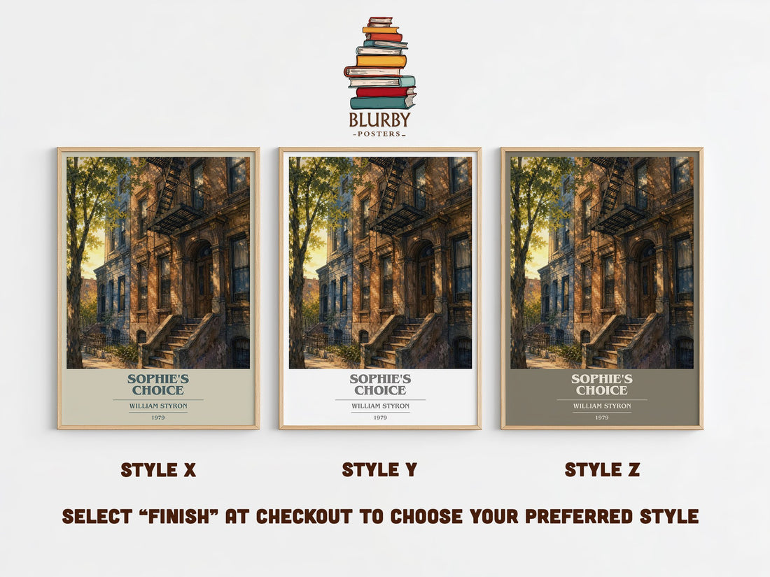 Sophie's Choice book cover print in frame leaning in hallway – literary fiction wall art (mockup)