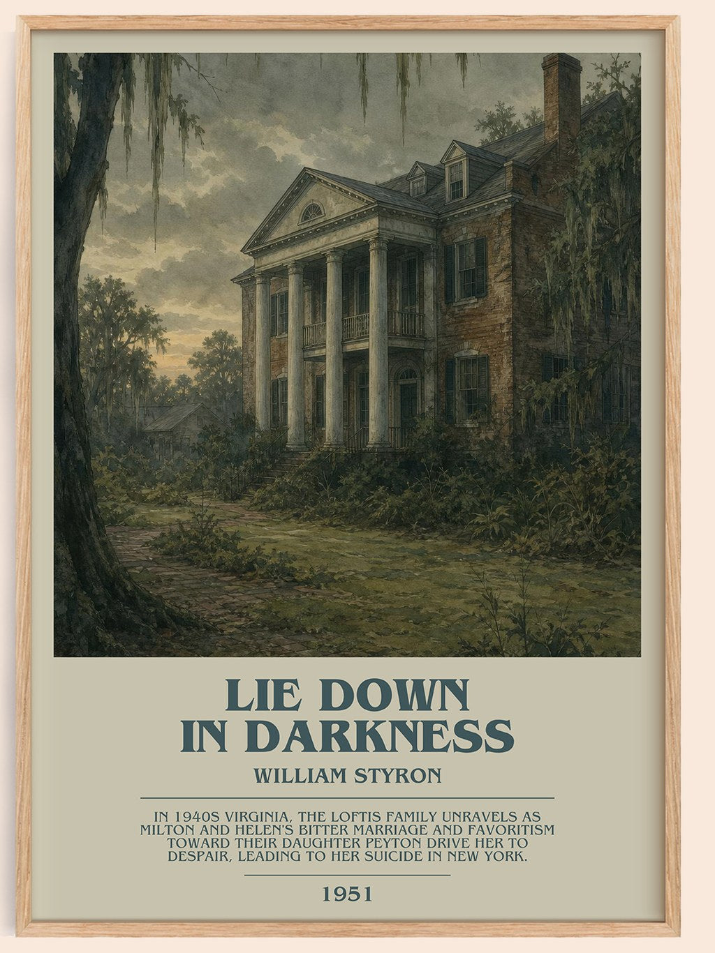 Lie down in Darkness bookish book poster by William Styron – framed literary art print