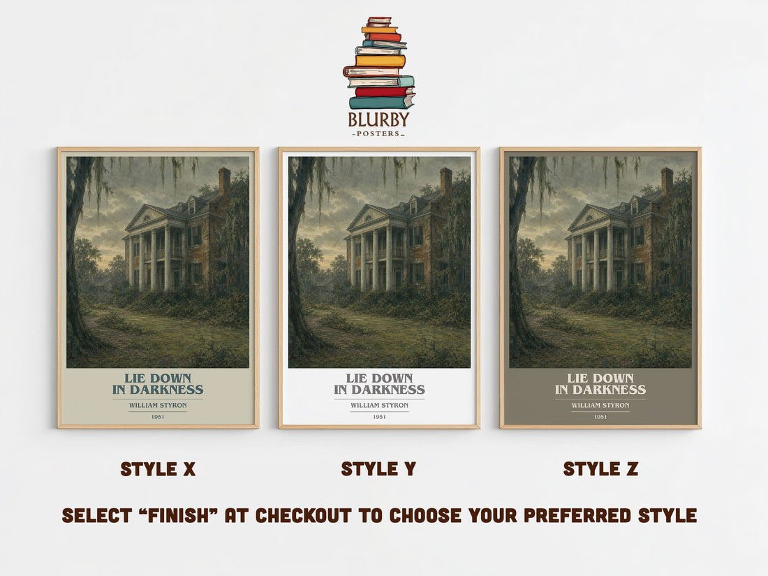 Lie down in Darkness book cover print in frame leaning in hallway – literary fiction wall art (mockup)