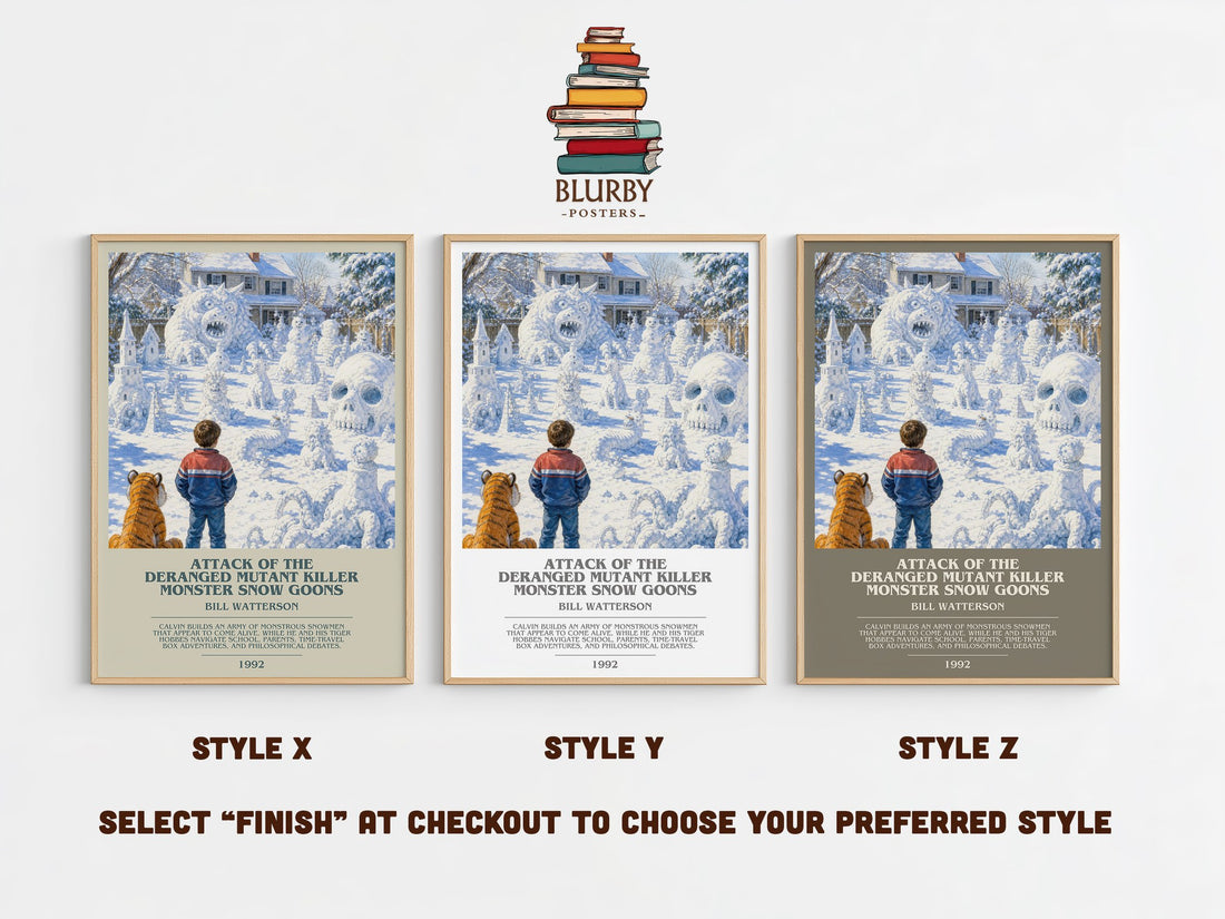 Attack of the Deranged Mutant Killer Monster Snow Goons bookish print in frame leaning in hallway – childrens wall art (mockup)