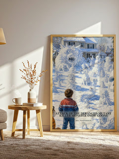 Attack of the Deranged Mutant Killer Monster Snow Goons watercolour print in frame leaning in hallway – childrens wall art