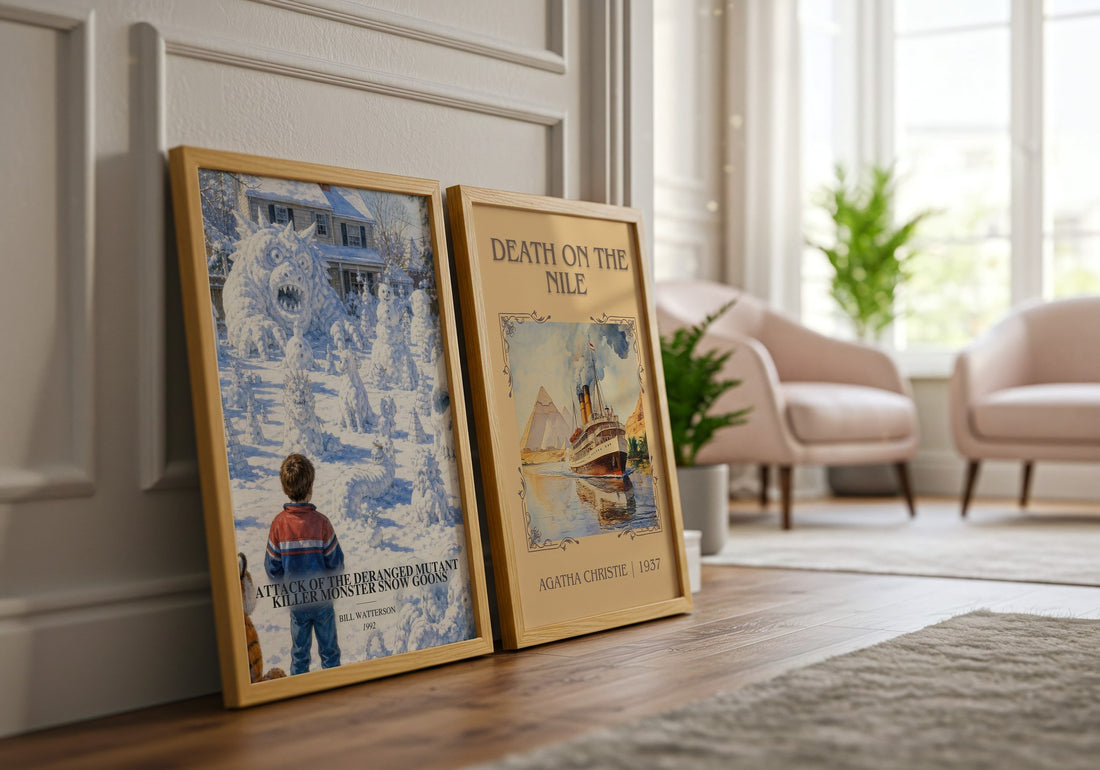 Attack of the Deranged Mutant Killer Monster Snow Goons watercolour print framed by window – literary home decor