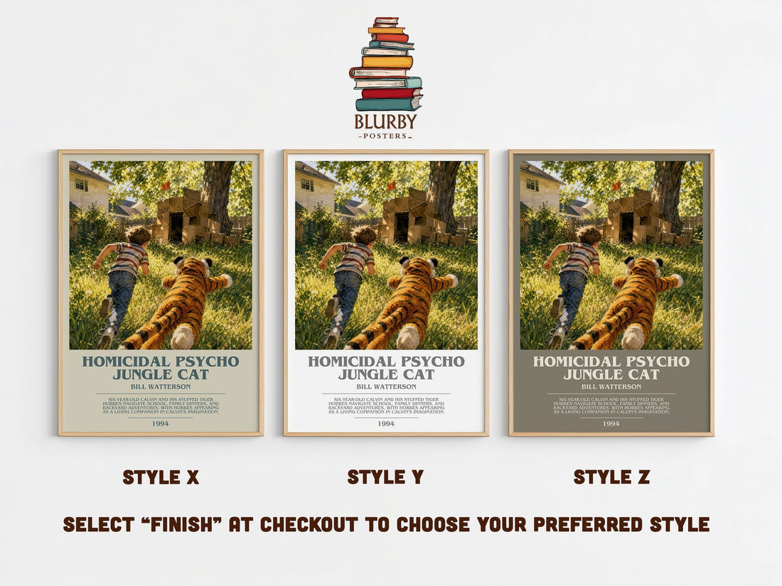 Homicidal psycho jungle cat bookish print in frame leaning in hallway – childrens wall art (mockup)