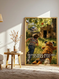 Homicidal psycho jungle cat watercolour print in frame leaning in hallway – childrens wall art