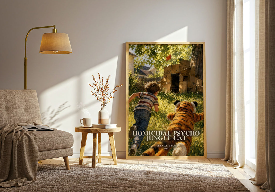 Homicidal psycho jungle cat watercolour print in frame leaning in hallway – childrens wall art