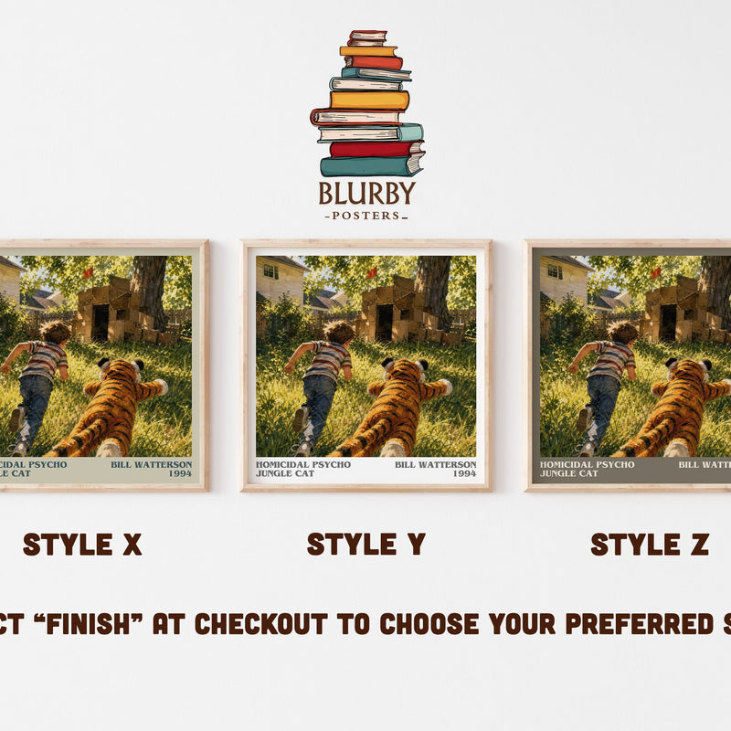 Homicidal psycho jungle cat literary print in frame leaning in hallway – childrens wall art