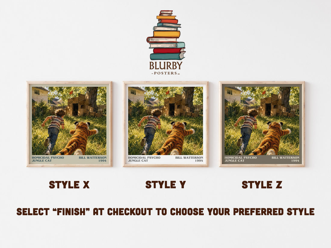 Homicidal psycho jungle cat literary print in frame leaning in hallway – childrens wall art (mockup)