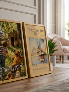 Homicidal psycho jungle cat watercolour print framed by window – literary home decor