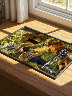 Homicidal psycho jungle cat watercolour book poster framed on wall – childrens wall art