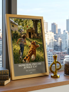 Homicidal psycho jungle cat book cover print framed by window – literary home decor