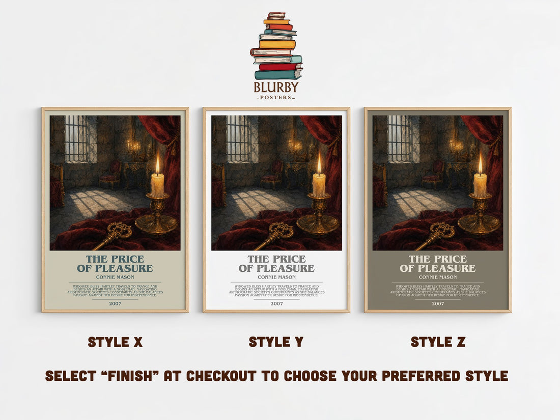 The Price of Pleasure bookish print in frame leaning in hallway – romance wall art (mockup)