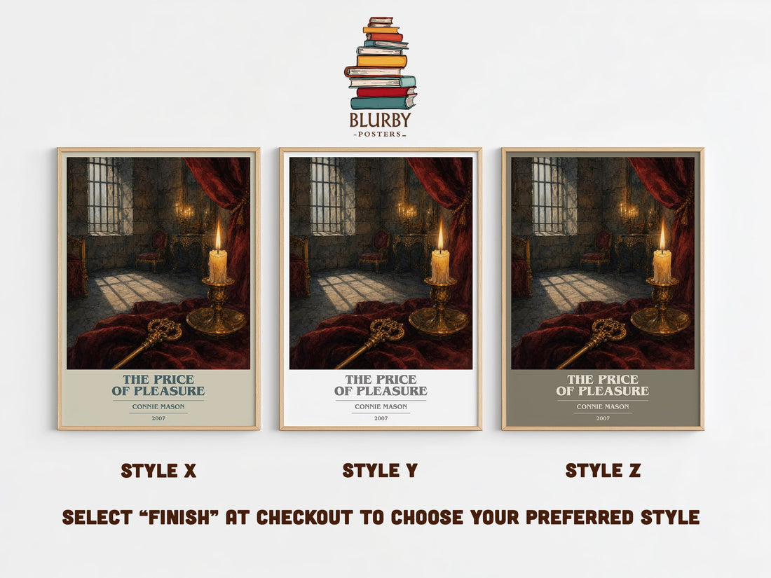 The Price of Pleasure book cover print in frame leaning in hallway – romance wall art (mockup)