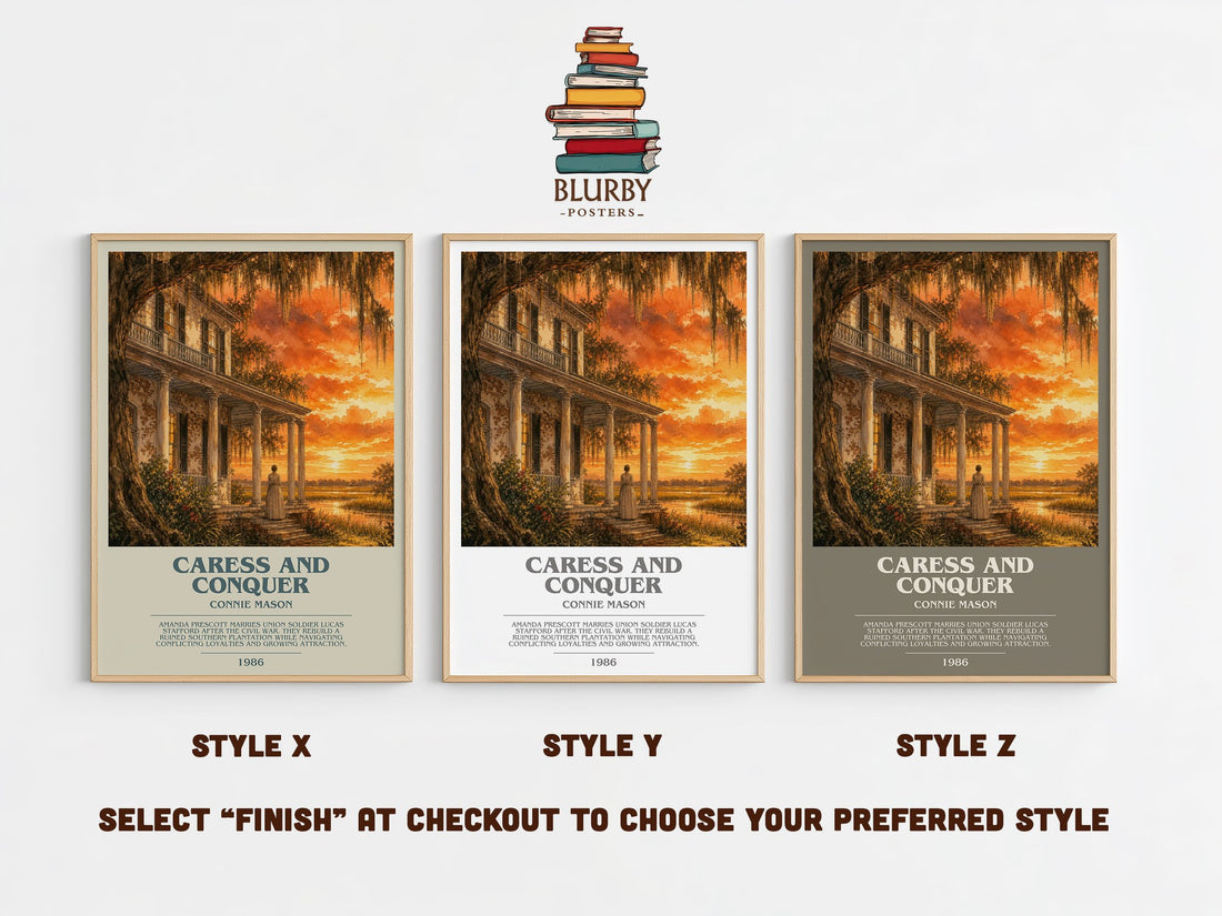 Caress and Conquer bookish print in frame leaning in hallway – romance wall art (mockup)