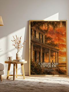 Caress and Conquer watercolour print in frame leaning in hallway – romance wall art