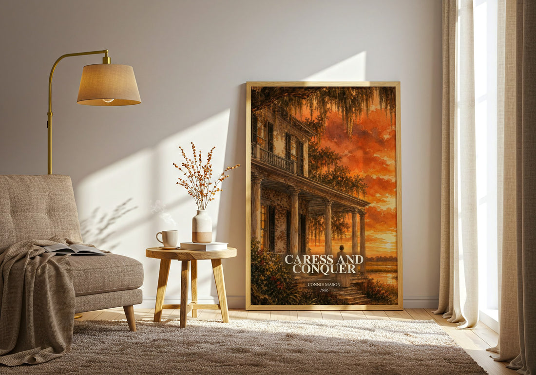 Caress and Conquer watercolour print in frame leaning in hallway – romance wall art