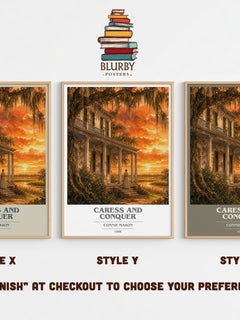 Caress and Conquer book cover print in frame leaning in hallway – romance wall art
