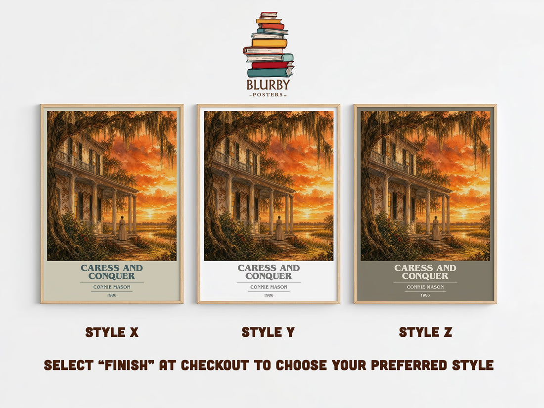 Caress and Conquer book cover print in frame leaning in hallway – romance wall art (mockup)