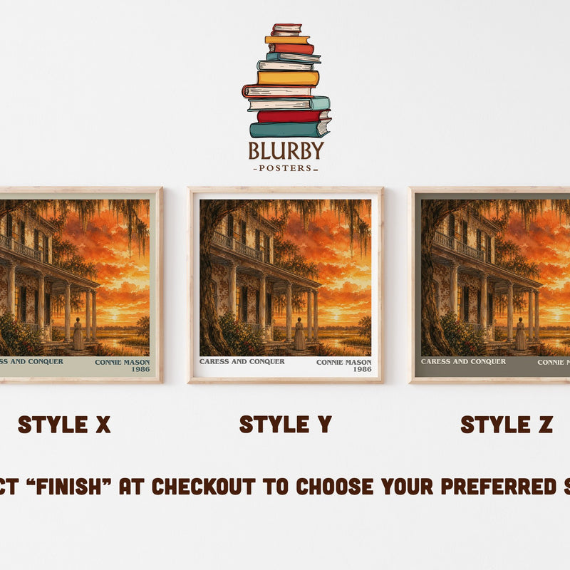 Caress and Conquer literary print in frame leaning in hallway – romance wall art