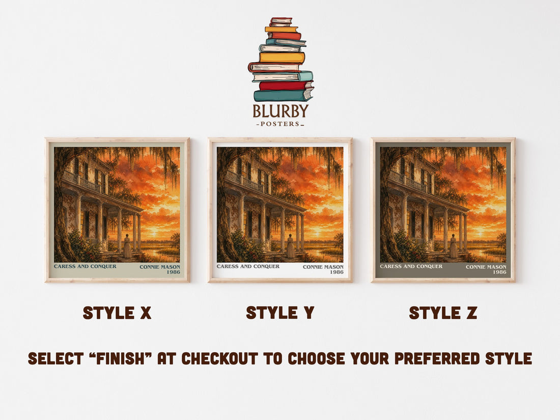 Caress and Conquer literary print in frame leaning in hallway – romance wall art (mockup)