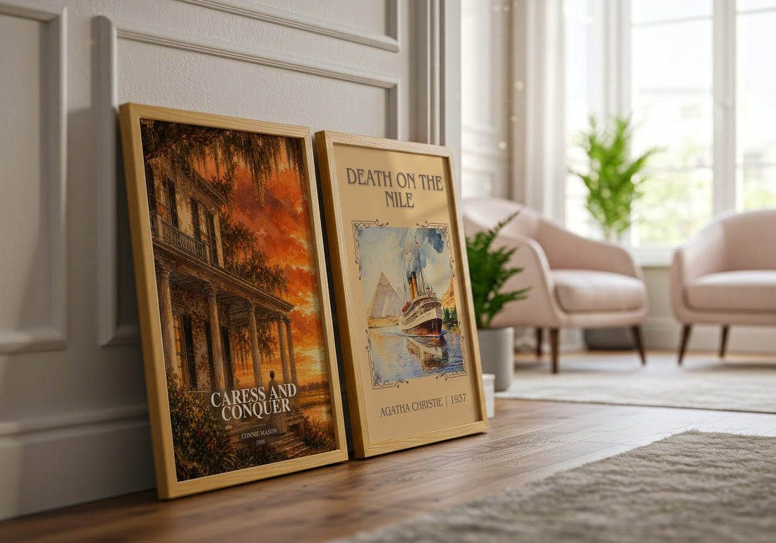 Caress and Conquer watercolour print framed by window – literary home decor