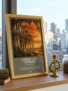 Caress and Conquer bookish print framed by window – literary home decor