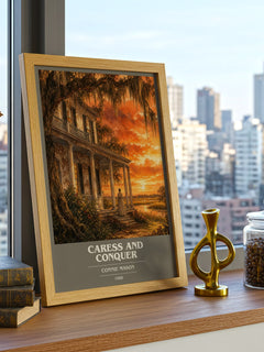 Caress and Conquer book cover print framed by window – literary home decor