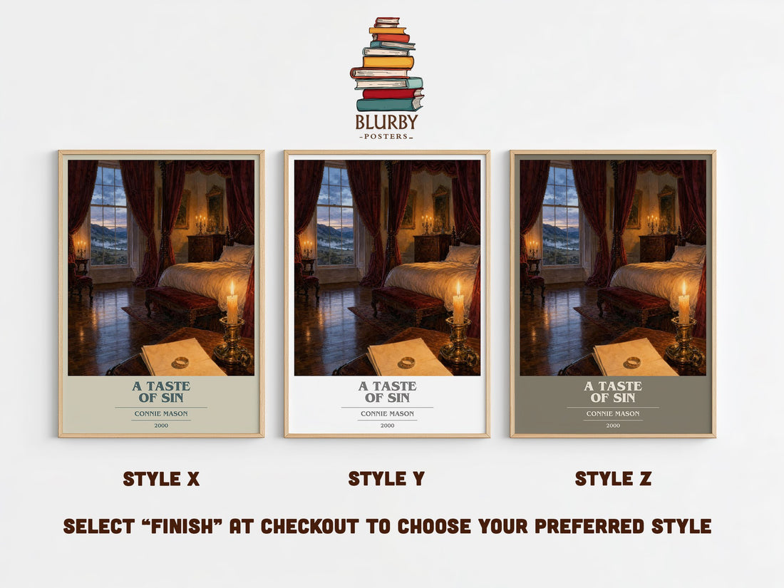 A Taste of Sin book cover print in frame leaning in hallway – romance wall art (mockup)